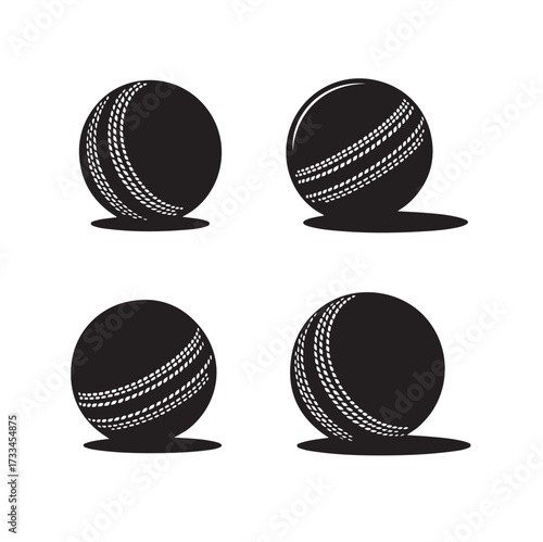 Four Black Silhouette Cricket Balls with Stitched Seams on White Background Keywords: cricket ball, sport, game, equipment, round, stitched, seam