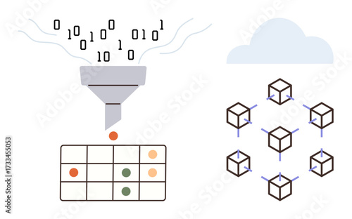 Funnel filtering binary data into a table, interconnected cubes forming a blockchain network under a cloud. Ideal for data processing, blockchain, cloud computing, AI, database management, digital