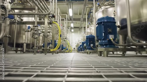 Slow, low-angle tracking video pans an ultra-modern industrial plant with gleaming stainless steel tanks, chrome pipes, blue motors, and yellow conduits, highlighting advanced technology.