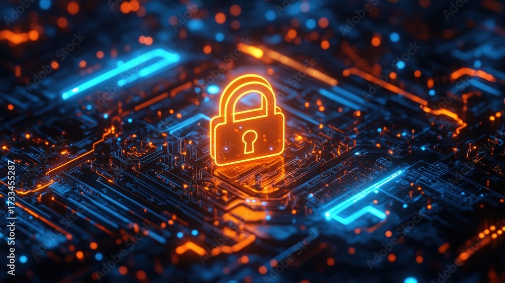 Fototapeta premium A glowing padlock symbol on a digital circuit board background, representing cybersecurity and data protection.