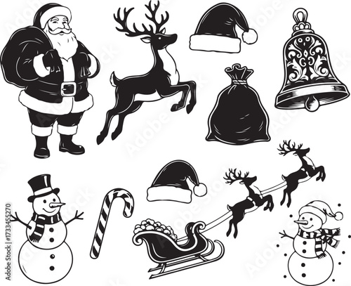 Christmas Silhouette Collection: A festive black and white silhouette collection. Santa Claus, reindeer, Christmas bell, Christmas sack, Snowman, candy cane and sleigh are prepared for Christmas. 