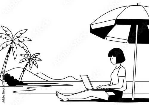 Young Woman Working Remotely on Laptop at Tropical Beach with Copy Space