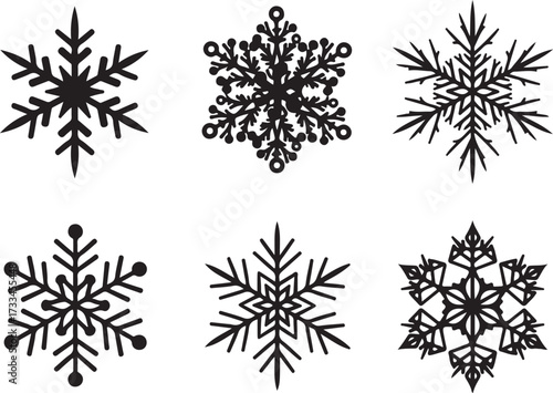 Snowflake Silhouette: A collection of six intricate snowflake silhouettes against the pure black backdrop, ideal for winter-themed designs and creative projects, showcasing a unique design.