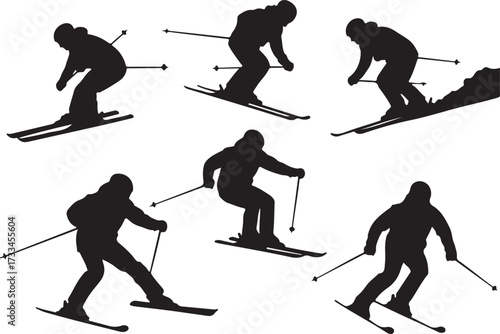 Dynamic Skiing: A Silhouette Set of Adventurous Skiers Displaying a Spectrum of Dynamic Poses, Representing the Thrill of Speed and the Essence of Winter Sports.