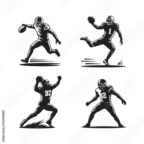 Four Black Silhouettes Of American Football Players In Action On White Background sport