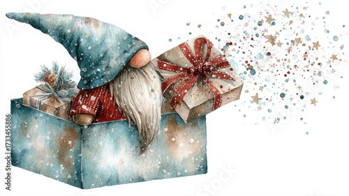 Holiday gnome illustration in present box watercolor style