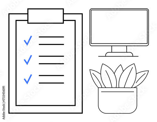 Task list clipboard with checkmarks, computer monitor, and plant pot. Ideal for productivity, workspace, organization, tasks, work-life balance time management office decor. Simple flat metaphor