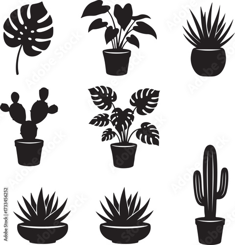 Houseplant Silhouettes: A curated collection of stylized houseplants, showcasing diverse shapes and textures in bold black silhouettes.