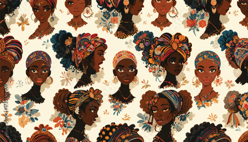 Vector seamless pattern of African women faces with headwraps and earrings, bold and colorful style Ai Generate .