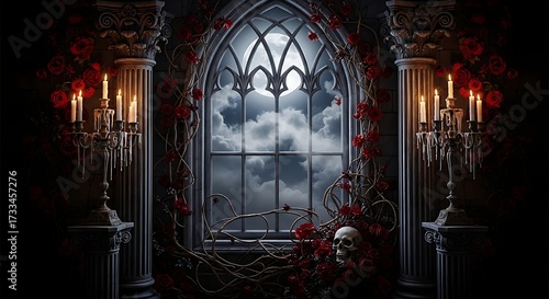 Gothic window with skull roses candles and moonlight creating dark atmosphere