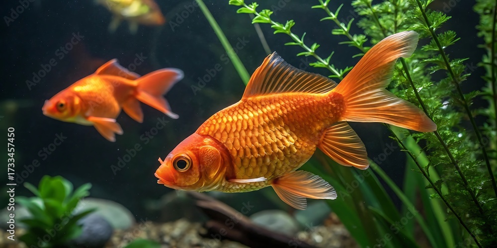 Fototapeta premium Vibrant orange goldfish swim gracefully through a lush green aquatic plant filled aquarium showcasing their elegant fins and scales in a serene underwater scene