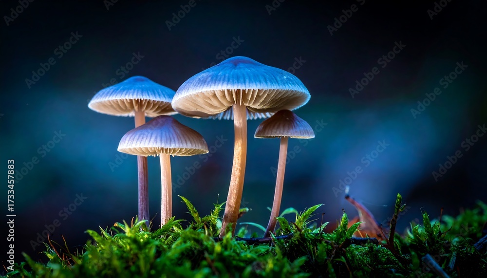 Fototapeta premium Close-up of three small mushrooms on moss