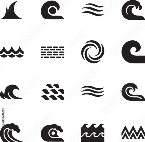 Ocean Wave Icons: A collection of vector illustrations presents a series of wave icons, featuring diverse designs representing the dynamic and fluid nature of the ocean waves.
