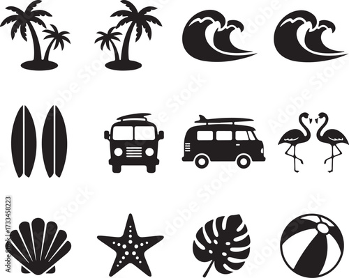 Beach Vibes: A collection of iconic silhouettes, instantly evoking the carefree essence of the beach. Palm trees sway, waves crash, surfboards await, and the beach ball is ready.