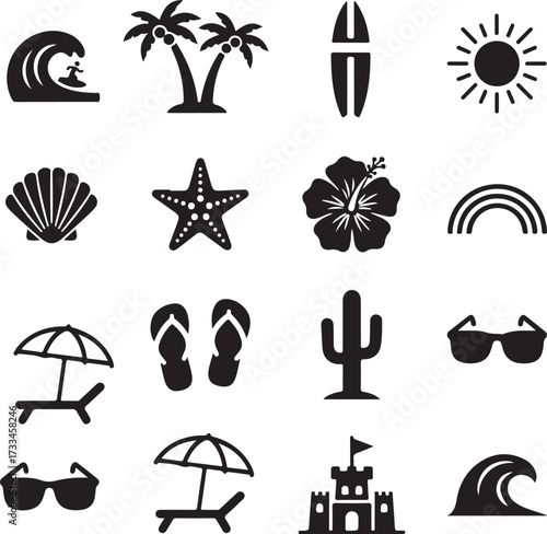 Summer Icon Set: A vibrant collection of iconic summer-themed elements and a monochromatic palette, with a surf, palms, surfboard, and wave, creating a playful atmosphere for design
