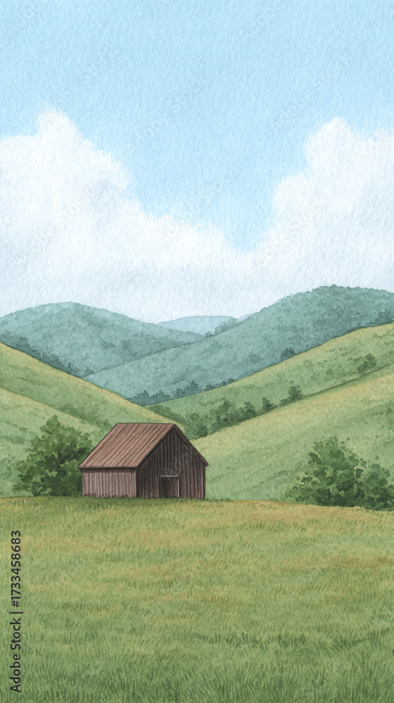 Fototapeta premium Captivating Landscape of Rolling Hills: A Tranquil Countryside View Featuring a Rustic Farmhouse Under a Bright Blue Sky and Wispy Clouds