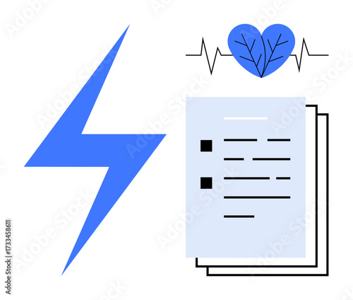 Vertical blue lightning bolt, documents with marks and lines, heartbeat line with heart icon above. Ideal for energy, health, life, productivity, guidance instructions medical. Simple flat metaphor
