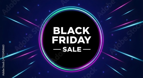 Black friday sale announcement with glowing neon circle and light streaks on a dark blue background, representing a promotional event