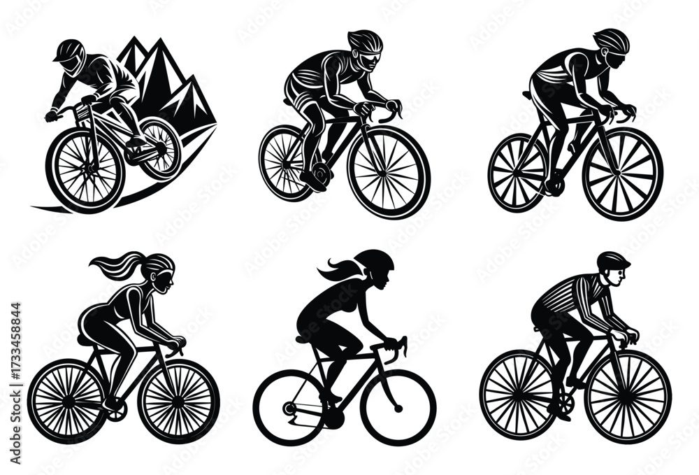 Obraz premium A vector silhouette set of vintage road and mountain bike icons for sport and cycling illustration design on a white backround