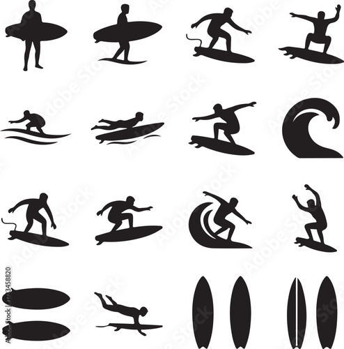 Surfing Silhouette: A collection of dynamic silhouettes depicting the art of surfing, capturing the energy and skill required to ride ocean waves.
