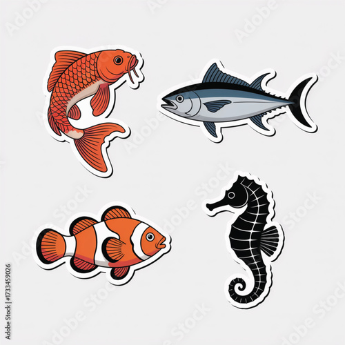 Four Distinct Fish and Seahorse Illustrations in a Stylized Design tuna clownfish