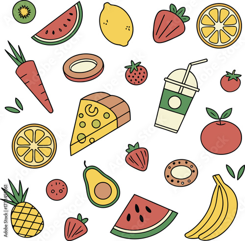 Colorful Cartoon Food Collection Featuring Fruits Vegetables and a Refreshing Drink Perfect for Healthy Lifestyle or Nutrition Related Designs