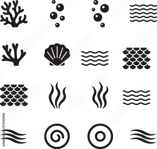 Marine Ecosystem: A collection of monochrome icons representing various elements of the marine world, creating a visually clean and informative illustration of underwater life. 