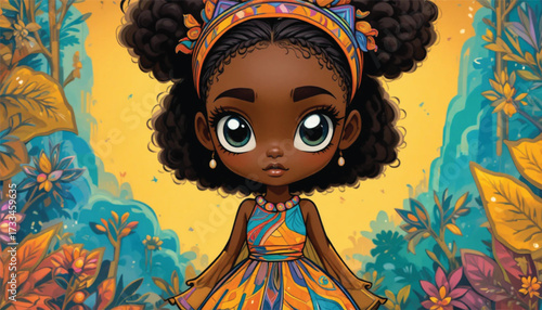 Chibi-style cute African girl character, cartoon vector illustration, big eyes, colorful dress. Ai Generate 