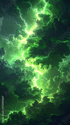 Stormy green sky with lightning