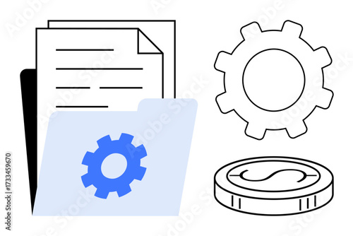 Folder with documents, a blue gear overlay, separate gear, and coin visualizing data management, automation, finance, organization, workflow digital solutions and business operations. A simple flat