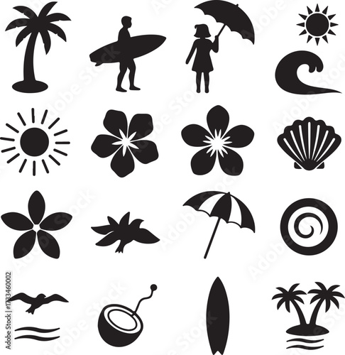 Tropical Summer Silhouette Collection: A compilation of tropical summer themed silhouettes featuring diverse elements like a person with surfboard,  an umbrella, sun and floral motif.