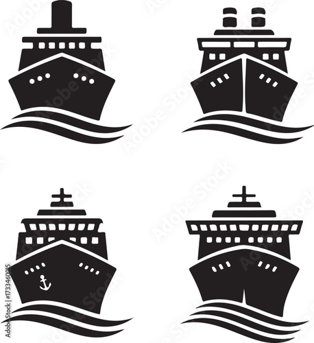 Modern Fleet of Transport Vessels: A captivating collection of stylish black-and-white illustrations showcasing contemporary transport vessels sailing.