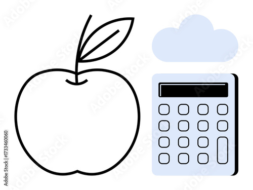 Apple, calculator, and cloud expressing education, innovation, technology, and healthy habits. Ideal for education, technology online learning health creativity digital tools innovation. A
