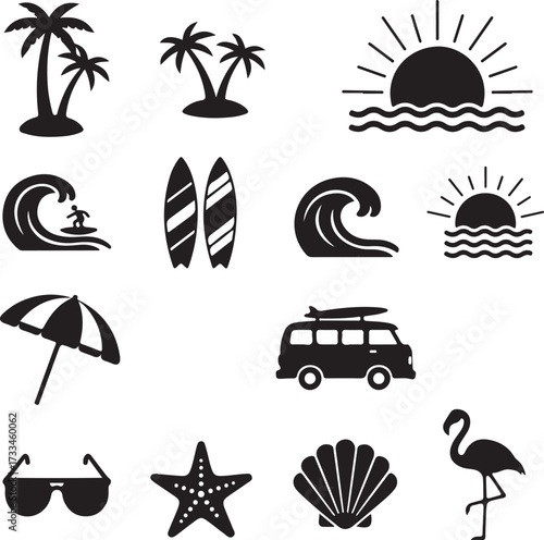 Summer Holiday Icons: A collection of iconic symbols representing summer holidays. These images evoke the essence of relaxation, leisure, and outdoor adventures.