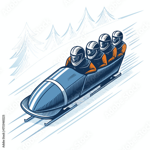 Four athletes in a bobsled team race down a snowy track.