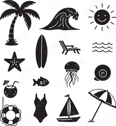 Beach Icon Collection: A set of artistic icons brings the essence of a summer day at the beach to life. This black silhouette collection is perfect for projects emphasizing travel, leisure.