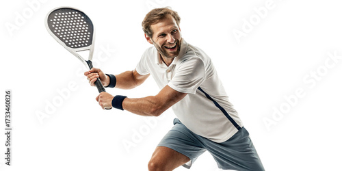 Athletic caucasian male padel player smiling while swinging racket in dynamic move transparent background