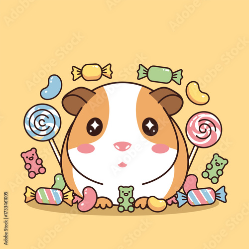 Cute Cartoon Guinea Pig with Colorful Candy.