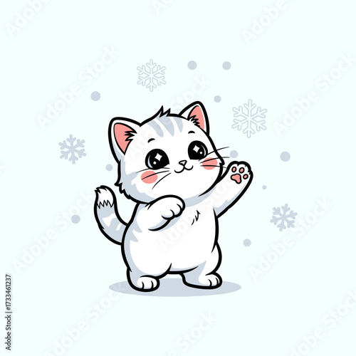 Cute Cartoon Kitten Waving in Snow.