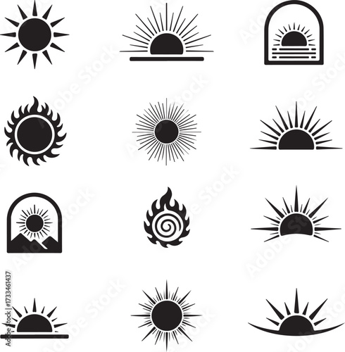 Collection of Sun Icons: A graphic compilation of unique sun symbols with various designs and radiant bursts, reflecting diverse artistic expressions. 