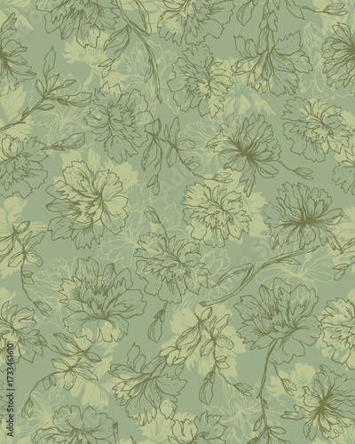 Seamless Retro Floral On Green Background