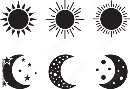 Celestial Symbols: A striking collection of stylized sun and moon designs, evoking a sense of cosmic wonder and perfect for illustrating concepts of day and night, astronomy, or celestial themes.