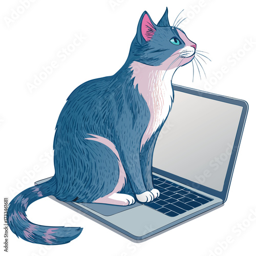A cat sitting on a laptop computer with a white background.