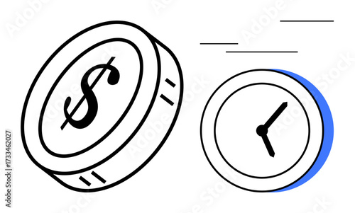 Dollar coin and analog clock in motion, symbolizing time and money. Ideal for finance, productivity, investment, efficiency, savings, time management, and opportunity in simple flat metaphor