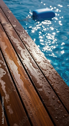Wet wooden deck with water droplets beside a sparkling blue swimming pool.