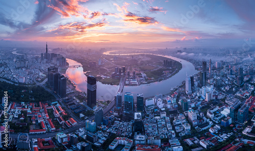Aerial view of sunrise in Sai Gon, Ho Chi Minh city. Urban landscape background