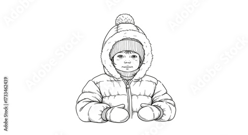 Child in winter coat and hat with mittens on white background