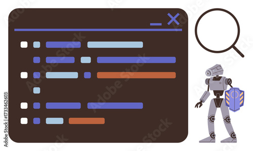 A robot with a shield beside a code window and a magnifying glass. Ideal for AI, coding, cybersecurity, machine learning, data management, automation, technology solutions. Simple flat metaphor