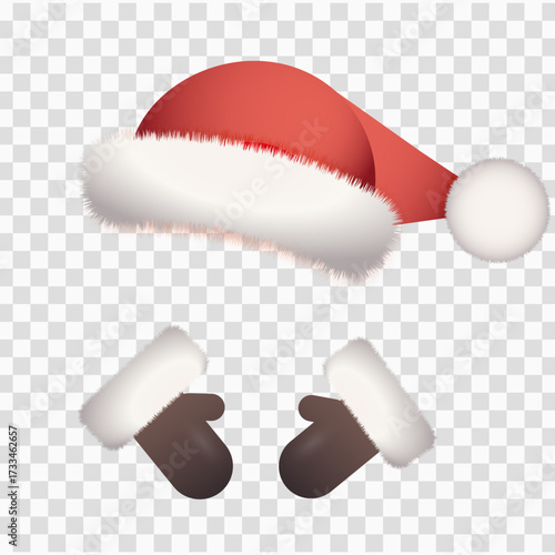 Classic red Santa hat with a pom-pom and matching mittens with a white fur trim. Perfect vector elements for Christmas, New Year, and winter holiday designs.