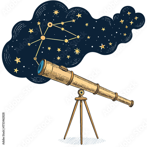 A vintage telescope on a tripod viewing a constellation in the night sky.